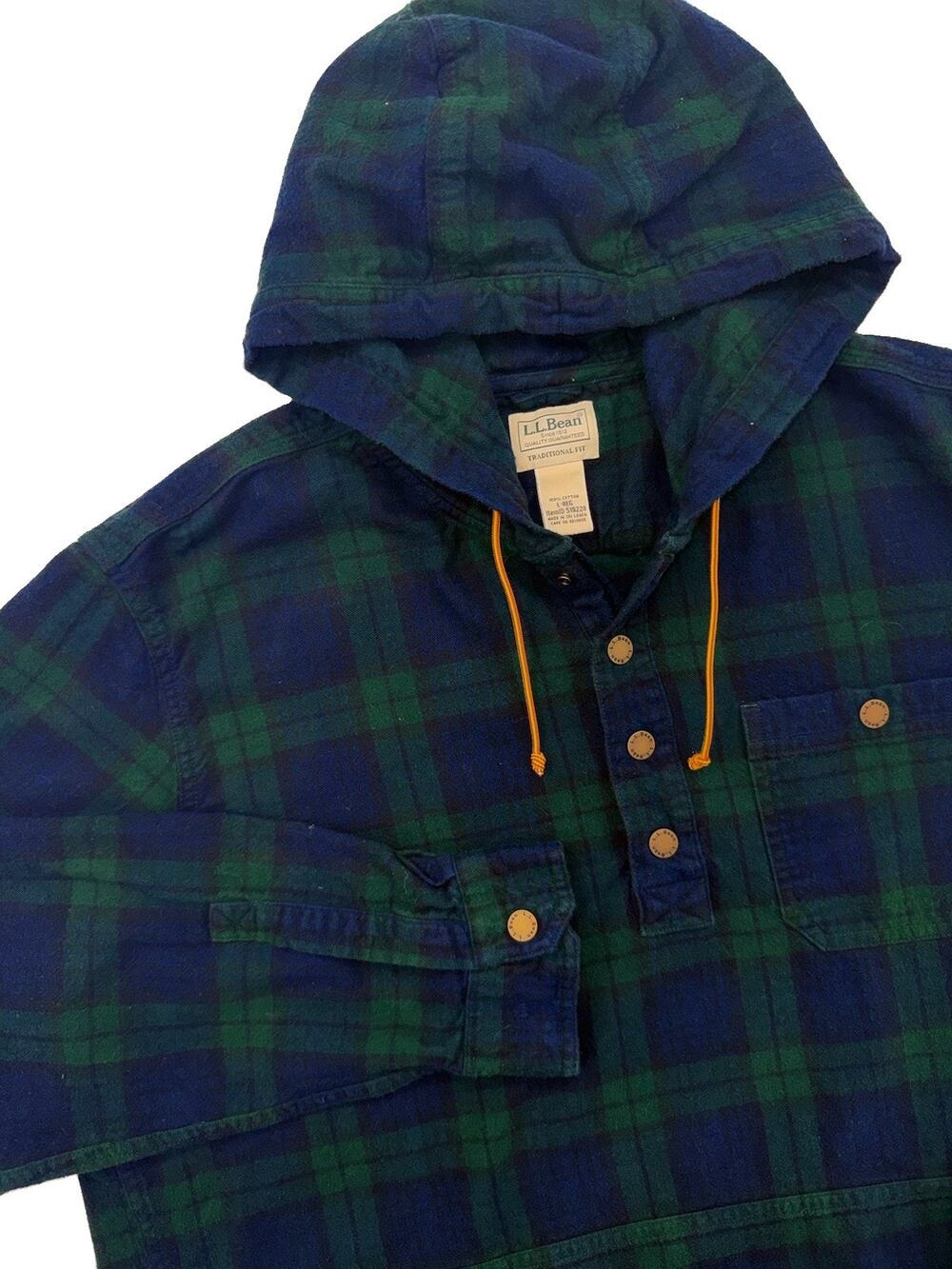 LL Bean Jacket Mens Large Green Plaid Scotch Flannel Hooded Anorak Pullover